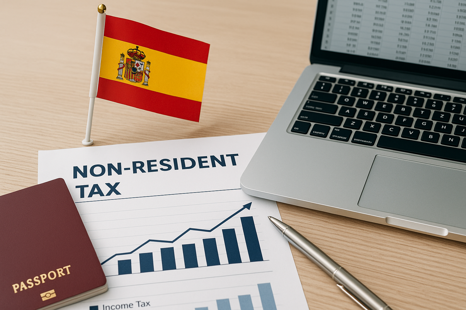 Desk with passport and tax documents for non-residents in Spain